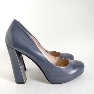 Nine West "Desired" Platform Pumps Navy Blue Leather US Sz 6 M Block Heel 4" EUC